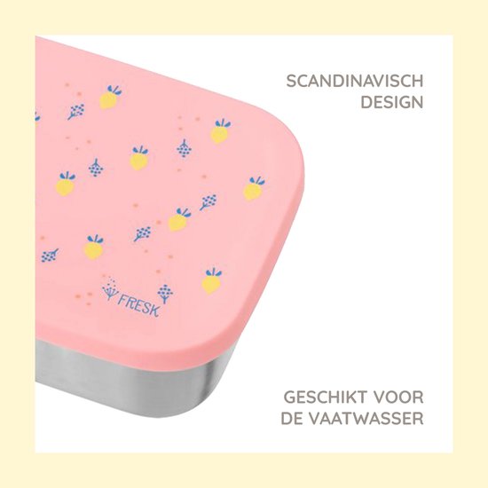 Roze broodtrommel met zomerfruitprint, Scandinavisch design.