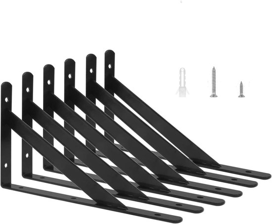 Ondersteuningsframe - 6 stuks - Steunframe - Muurbeugel - Metalen Plankbeugels - Zwevende Plankbeugel - Roestvrijstalen beugel - Plankdragers met dikke schroeven - Meubelaccessoires - 150mm - Zwart