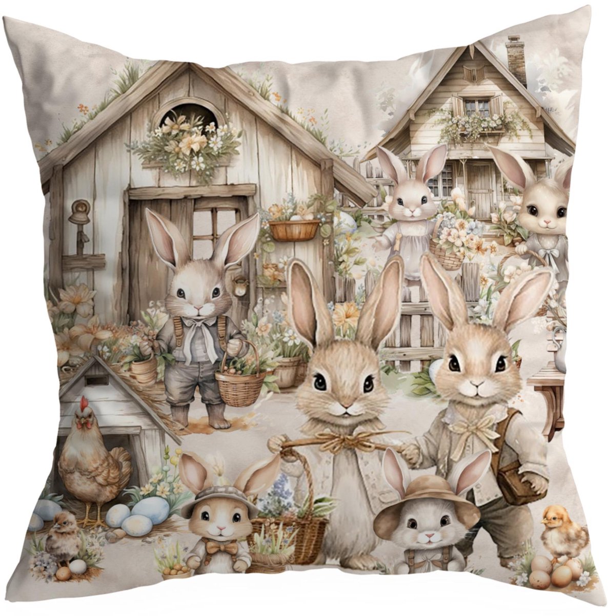 Decoratieve Kussenhoes 40x40cm - Paashaas Lentemotief