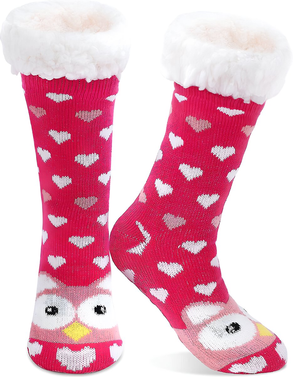 Budino® Huissokken - Verwarmde sokken - Antislip Sokken - Warme Sokken - Dikke Sokken - Anti Slip - Fluffy Sokken - Dames en Heren - Uil Hartjes Rood