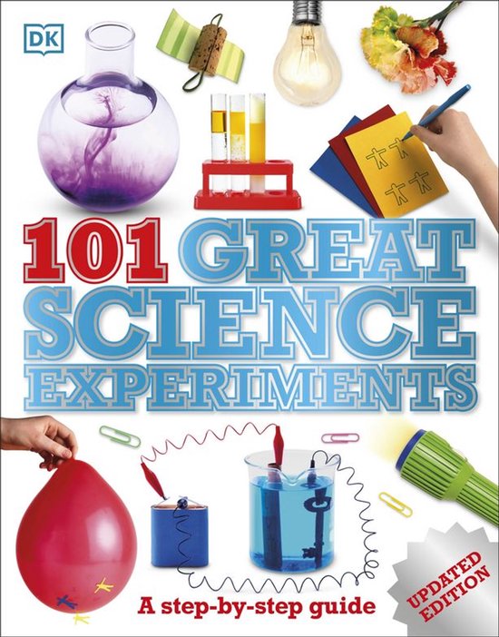 Livre "101 Great Science Experiments" avec des images de ballon, tubes à essai et ampoule.