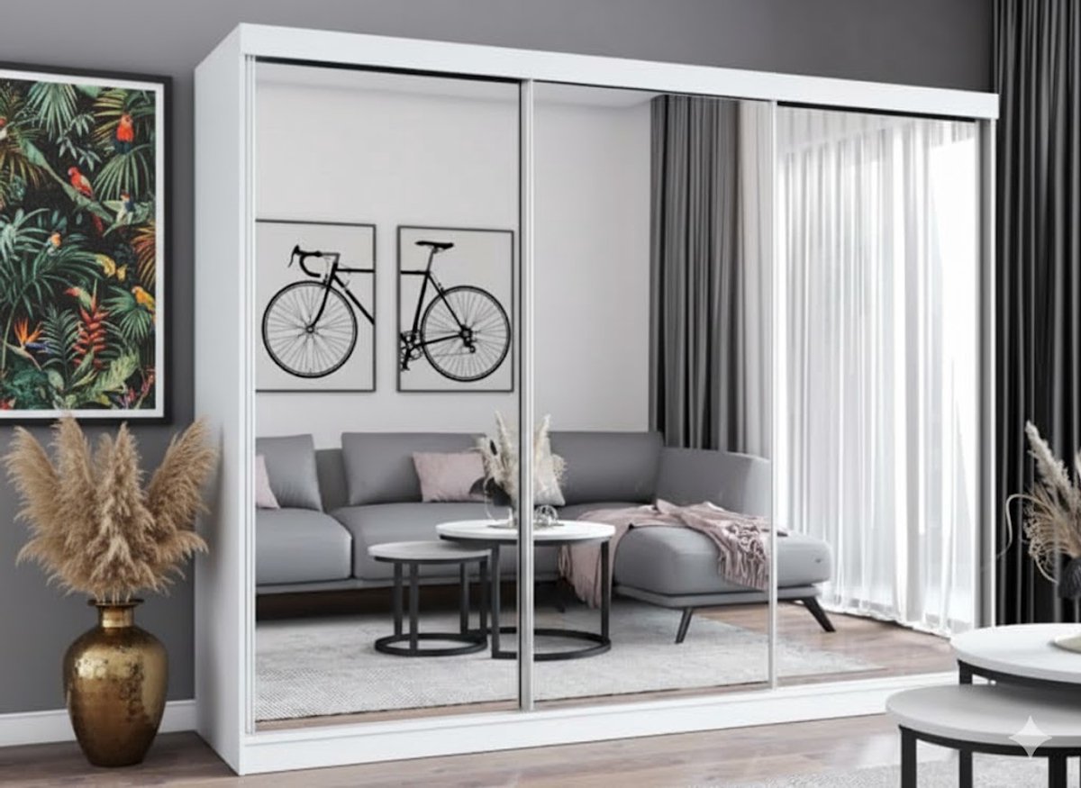 Ruime Schuifdeurkast met Spiegel 250x215x62 cm – Moderne Slaapkamerkast met 3 Lades, 3 Kledingroedes en 8 Planken – Scandinavisch Design, Multifunctionele Opbergkast
