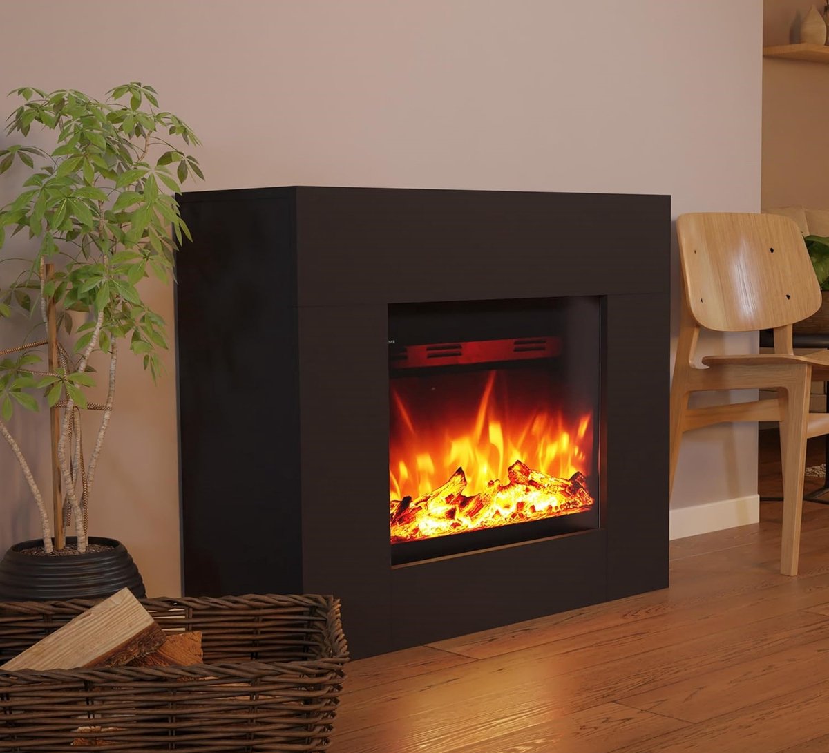 Elektrische Sfeerhaard TasalFurniture Aurora Deluxe – Vrijstaande Elektrische Haard met LED Vlammen in 3 Kleuren, Verwarming 1500W, Houtdecoratie, Realistisch Vuur, Afstandsbediening – Modern Zwart Design 98x82x35 cm