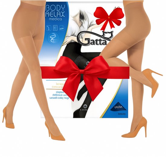 Verpakking van Gatta Body Relax Medica panty's, beige, met strik, op witte achtergrond.