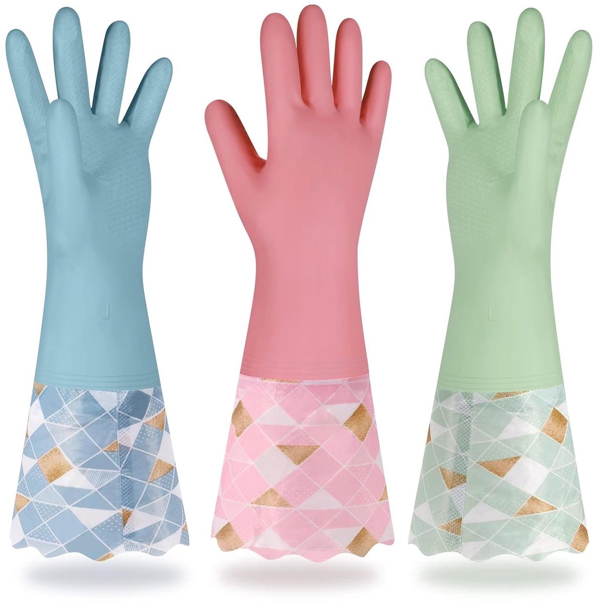 Image of 3 sets lange herbruikbare afwashandschoenen met katoenen voering, wasreiniging, keukenreiniging