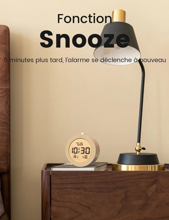 Houten digitale wekker, LCD-digitale klok met datum, temperatuur, snooze-functie, achtergrondverlichting, digitale klok op batterijen [Vereist 3 AAA-batterijen] van houten — afbeelding 2