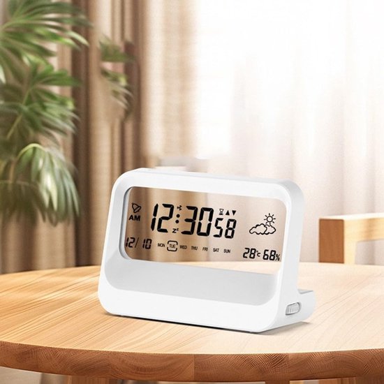 Digitale wekker met meerdere alarmen, tijd-, datum-, temperatuur- en snooze-weergave, 12/24-uurs nachtlampje, op batterijen, voor slaapkamer, kantoor en reizen (wit) — afbeelding 2