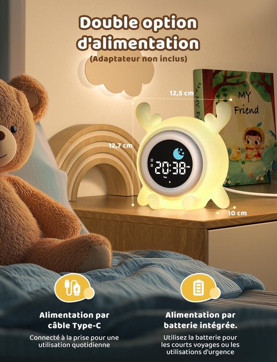 Educatieve wekker voor kinderen met 2 alarmen voor dag en nacht, 12/24-uurs snooze-functie, instelbare schermhelderheid, 7-kleurige verlichting, 10 liedjes, automatische uitschakeling en rendiervorm — afbeelding 2