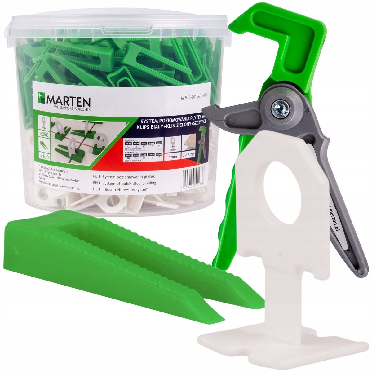 Marten Tegel Leveling Systeem: 250 Clips, 100 Wiggen, Tang