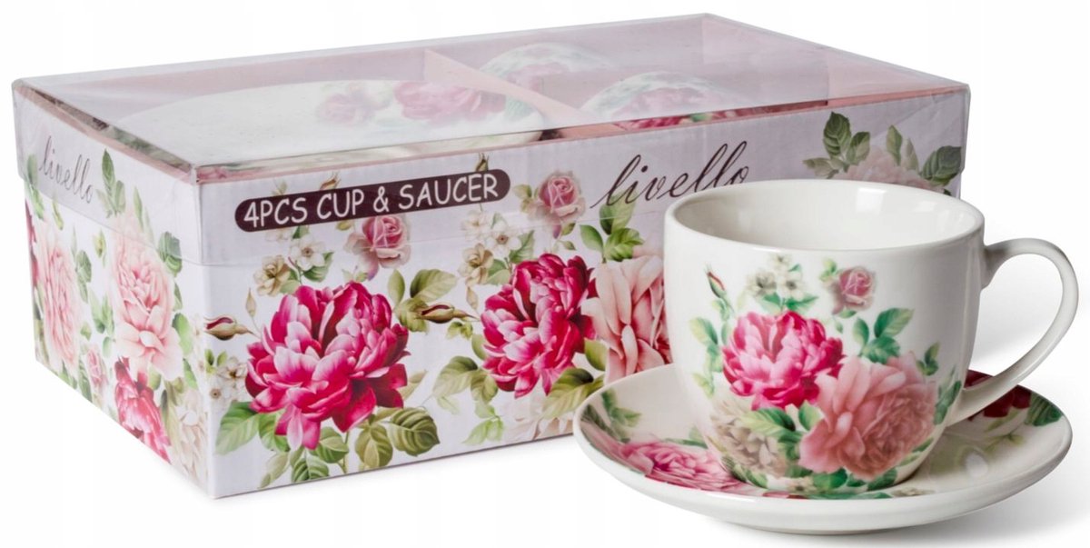 Livello Porseleinen Kopjes met Schotels, 2 stuks, 250 ml, Bloemendesign