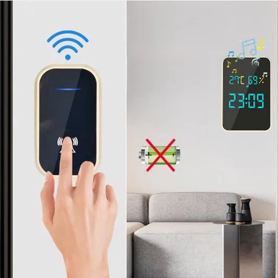 Draadloze deurbel - Deur Bel - Waterdicht voor buiten - Automatisch, geen batterijen nodig - Weergave van temperatuur, vochtigheid en tijd - Beschikt over 38 melodieën en 4 volumeniveaus - Zwart -Deurbelsets — afbeelding 4