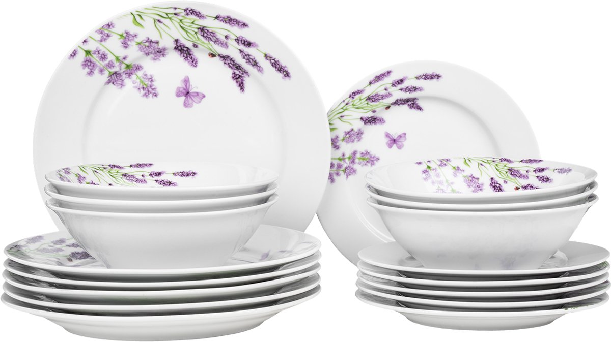 Porseleinen servies voor 6 personen, 18-delig, lavendelkleurig