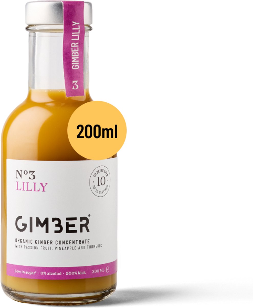 GIMBER Sweet Lilly | Biologisch gemberconcentraat | 200 ml | mengsel van gember, passievrucht, ananas en kurkuma.
