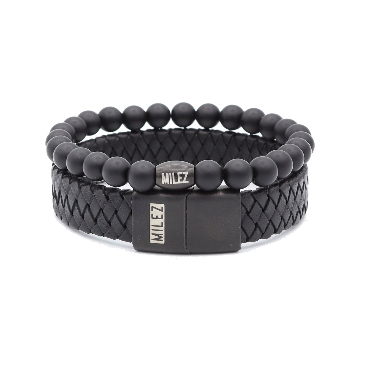 Milez - Armband set mannen - armband heren leer kralen - Zwart - Maat L