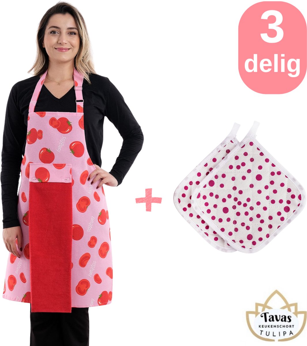 Tulipa Master Keukenschort 75 x 55 cm - met 1 Handdoek en 2 Pannenlappen met Paars Stippels - Tomaten - Professioneel Verstelbaar Kookschort - Horecakwaliteit - Keukenschort Dames - Kerstcadeau