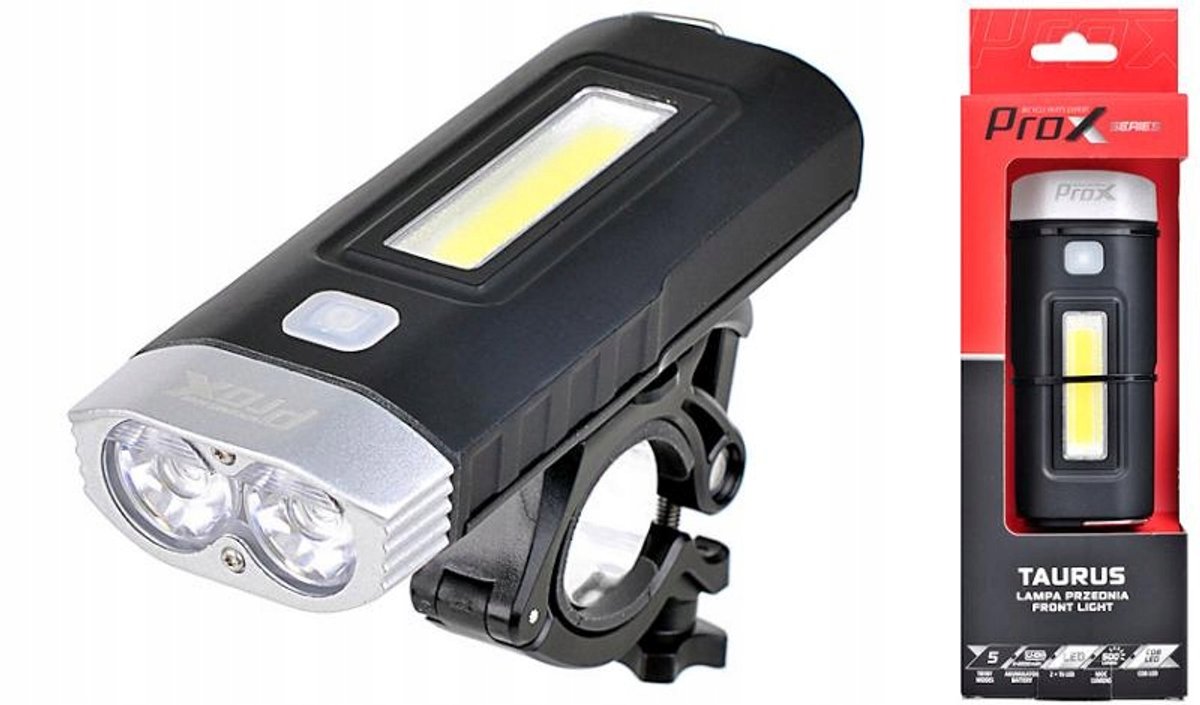 Prox Taurus Fietslamp Voor LED T6 + COB Zwart 500lm