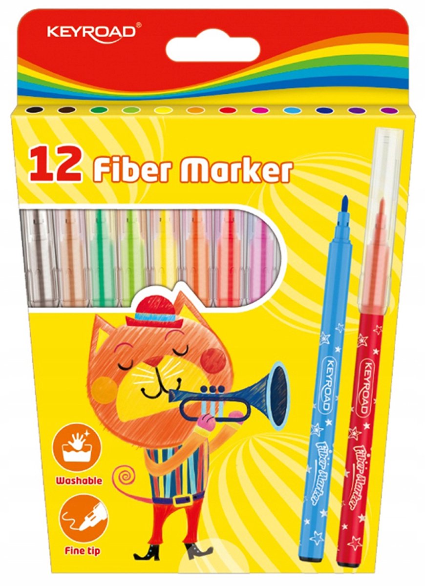 Keyroad Fiber Markers - 12 Levendige Kleuren voor School