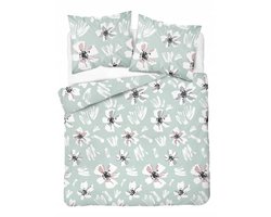 Dekbedovertrek 220x200cm Microvezel Mint Groen Bloemen 3-delig