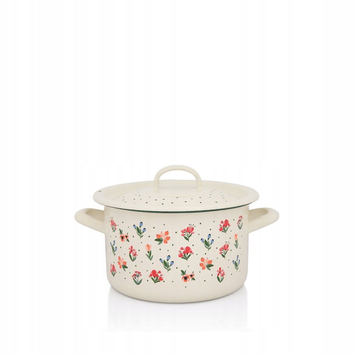 Klassieke emaille pan met deksel 18 cm, 3L, Jascreme, bloemen