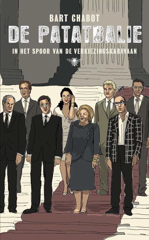 Boekcover 'De Patatbalie' met een tekening van een groep politici.