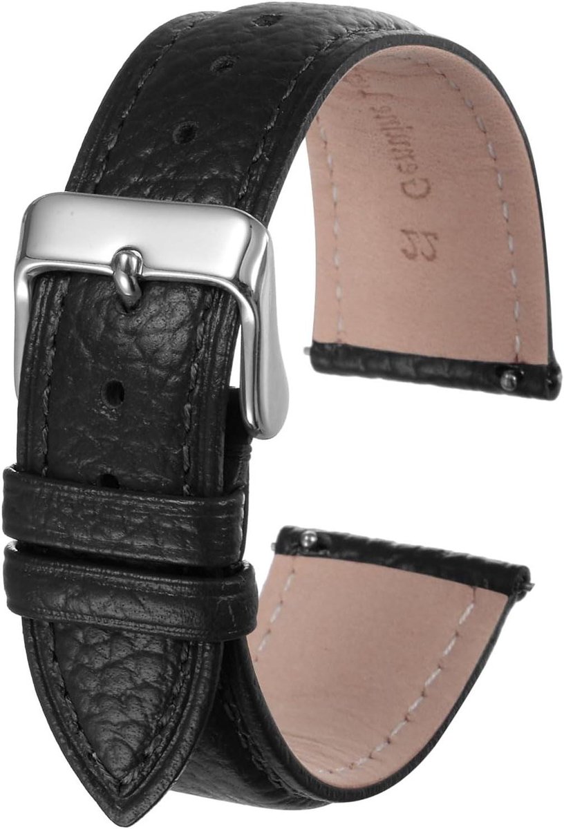 22 mm plat rundleer horlogeband, snelwissel, elegant zwart roestvrijstalen gesp