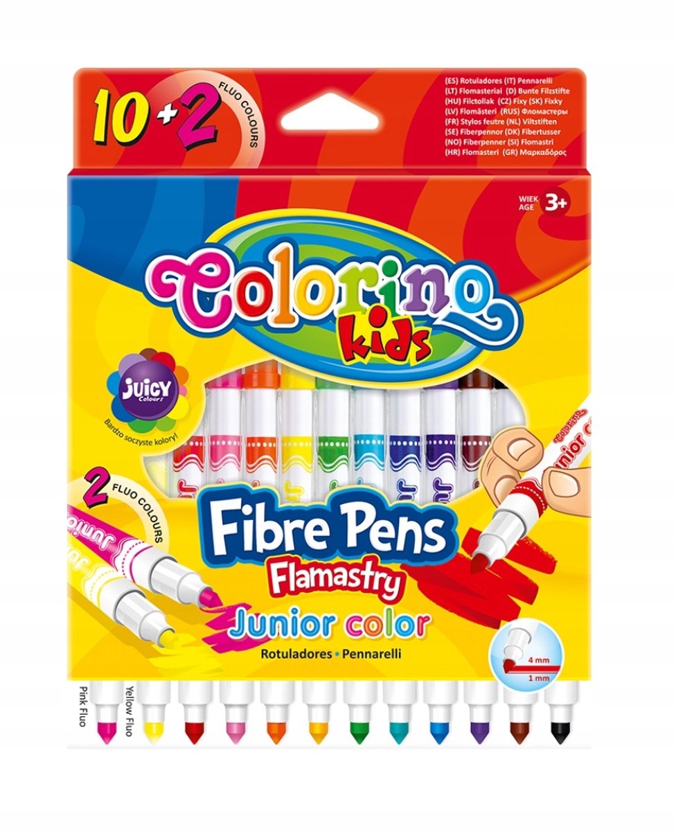 Colorino Junior Flamastry Kids - 12 levendige kleuren, 2 neon