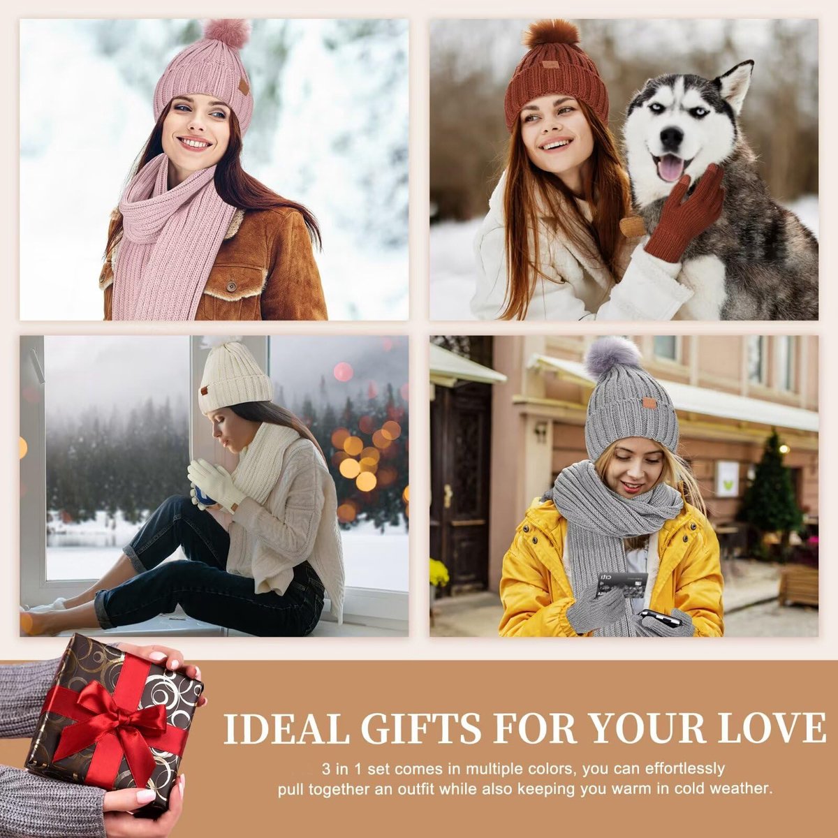 Winterset dames-Winterpet dames-Set van muts, sjaal en handschoenen voor dames - Wintermuts zonder rand voor dames - Met wol gevoerd met pompons voor warmte - Touchscreen handschoenen voor dames - 3-in-1 set voor koud weer- wit — cadeau in Mode & Accessoires - foto 7
