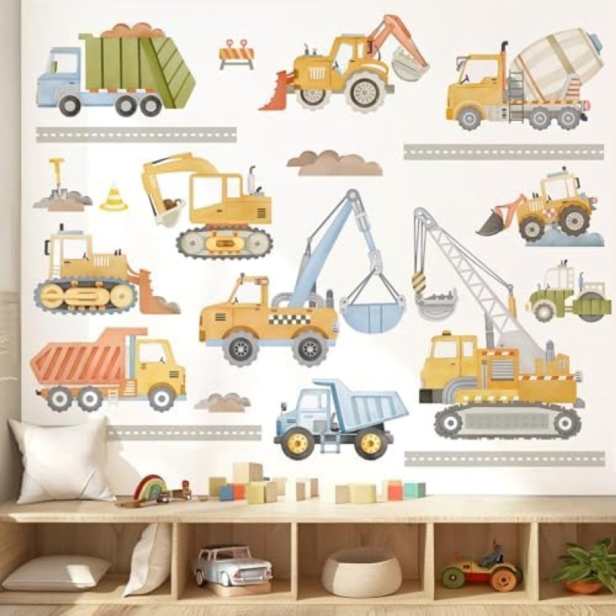 PromoHome Bouw Voertuigen Muurstickers voor Kinderkamer - 9 Delige Set