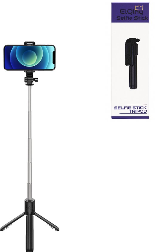 Zilveren, uitschuifbare selfiestick met statief en telefoonhouder, met 'ElQing Selfie Stick' logo.