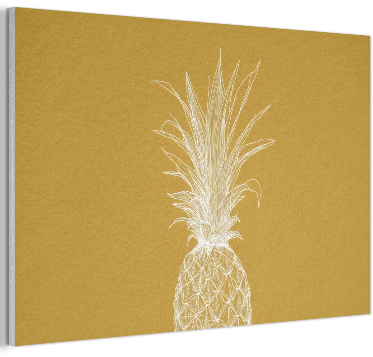 Akoestisch wandpaneel 90x60 cm - Vilt schilderij Lijnillustratie - Ananas - Bladkroon - Okergeel - Akoestische panelen - Geluidsdempende wanddecoratie - Geluidsisolatie woonkamer - Muurdecoratie geluidspanelen