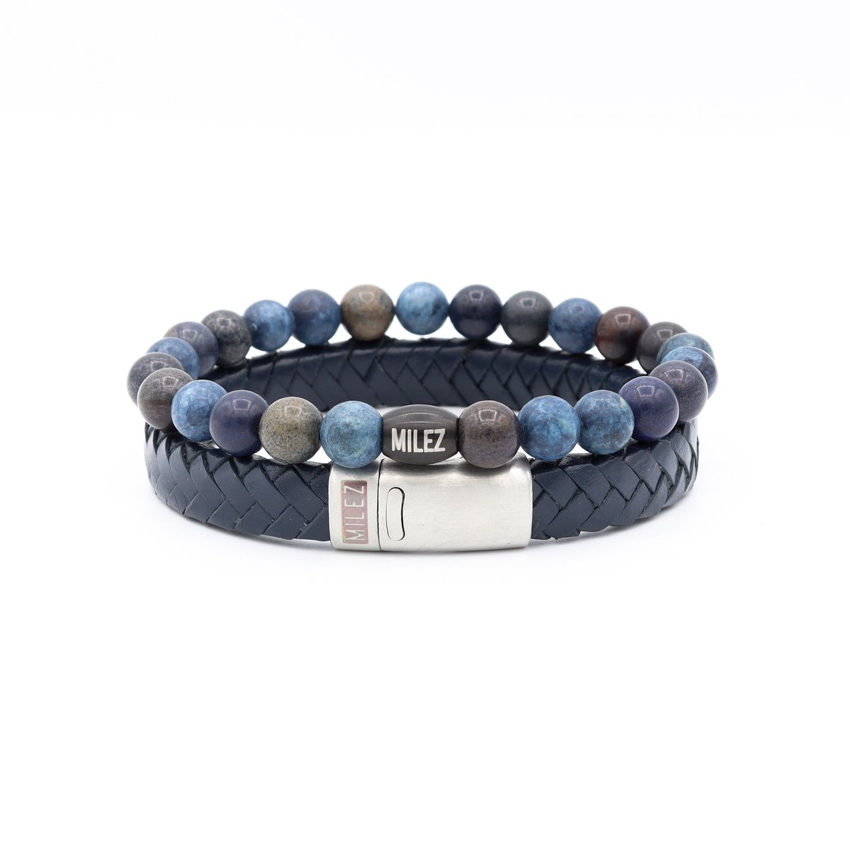 Milez - Armband set mannen - armband heren leer kralen - Donkerblauw - Maat S