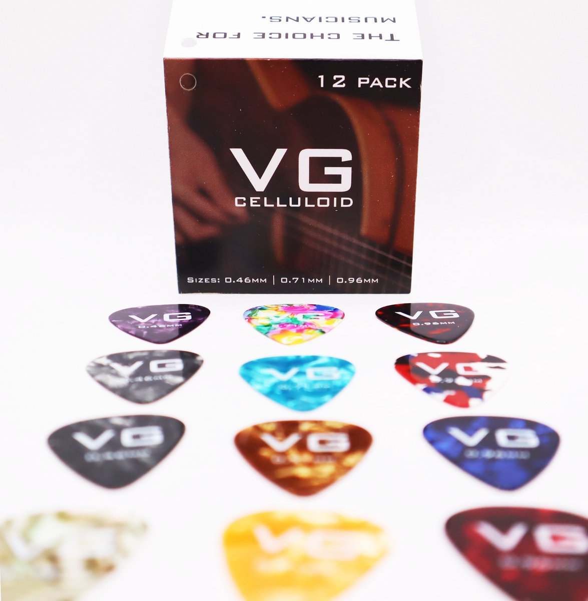 VG plectrum set 12 Celluloid plectrums - diktes thin 0.46 medium 0.71 en thick 0.96 mm