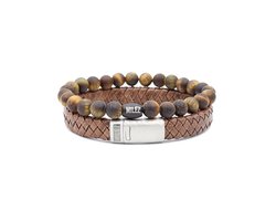 Milez - Armband set mannen - armband heren leer kralen - Bruin-tijgeroog - Maat S