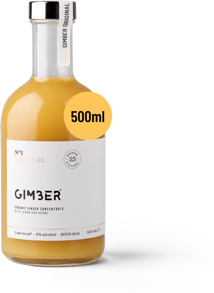 GIMBER Biologisch gemberconcentraat - 500 ml - alcoholvrije biologische drank van gember, citroen en kruiden, hoogwaardig.
