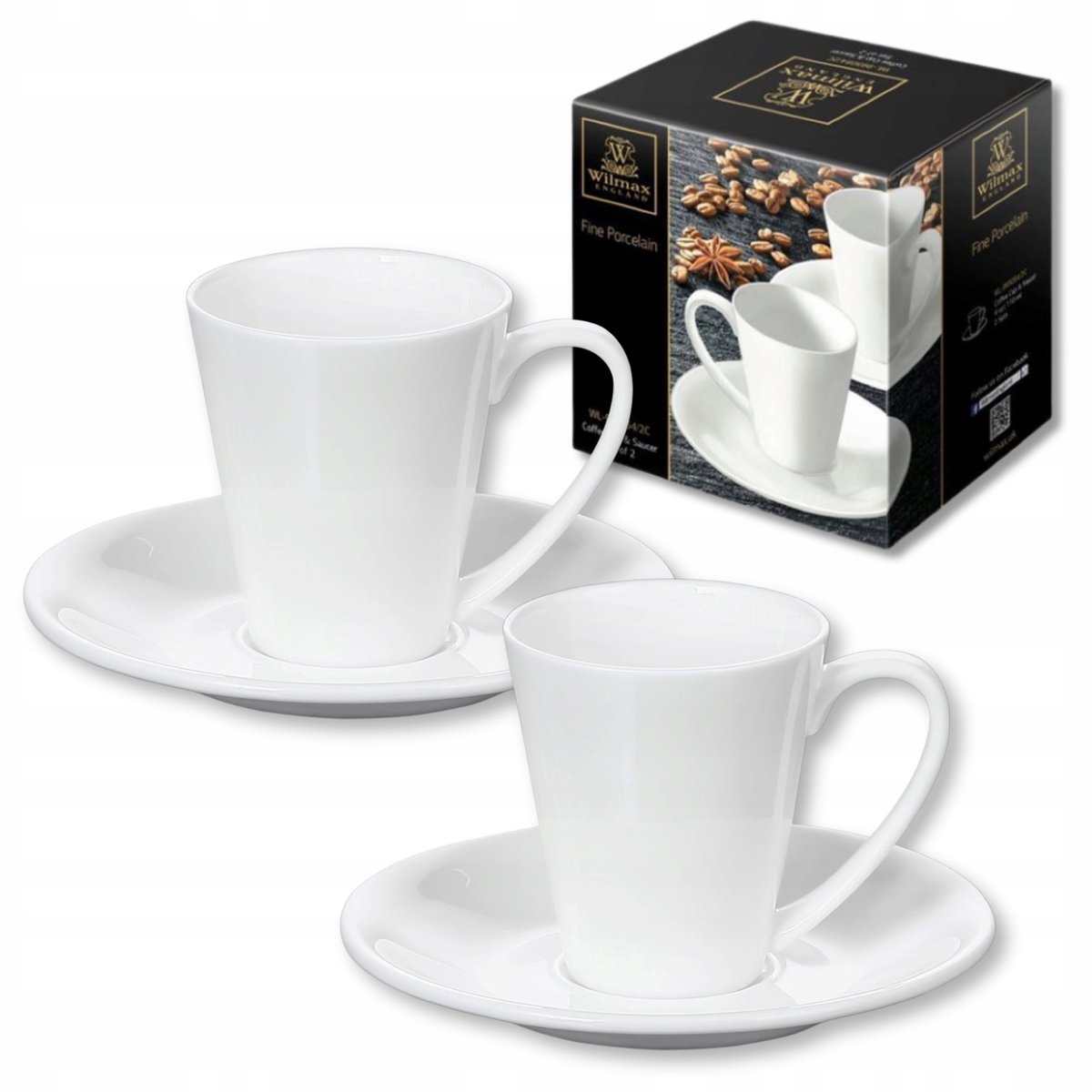 Wilmax Porseleinen Koffiekopjes met Schotels, Set van 2, 110ml