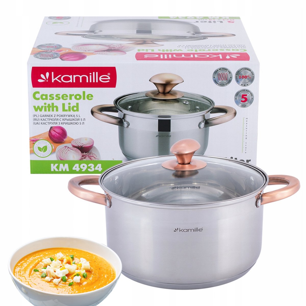Kamille RVS Pan met Deksel - 5L - Inductie Geschikt