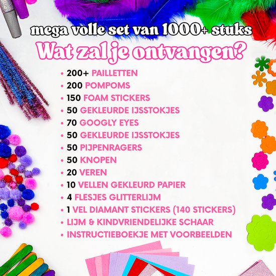 Grote knutselset met 1000+ onderdelen, waaronder pompons, pailletten, wiebelogen, letters, veren, chenilledraad en glitterlijm.