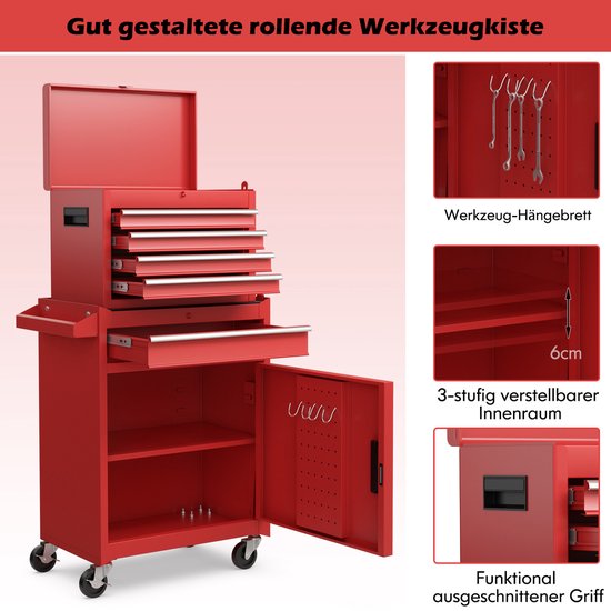 COSTWAY 2 in 1 werkplaatswagen, inclusief koffer & 8 vakken & haken & verstelbaar rek, afsluitbare gereedschapswagen op wielen zonder gereedschap, professionele werkplaatswagen van metaal, draagkracht