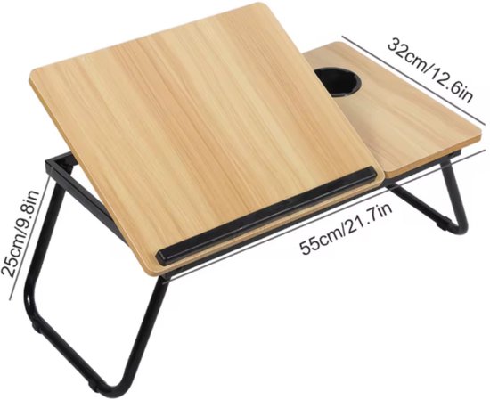 Lichtbruine houten laptoptafel met zwarte inklapbare poten, gemarkeerd met afmetingen.