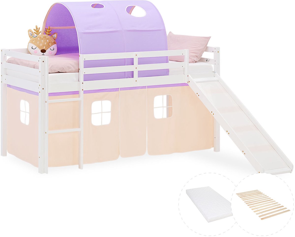 Homestyle4u Hoogslaper - 90x200 cm - perzik - met lattenbodem en matras Wit