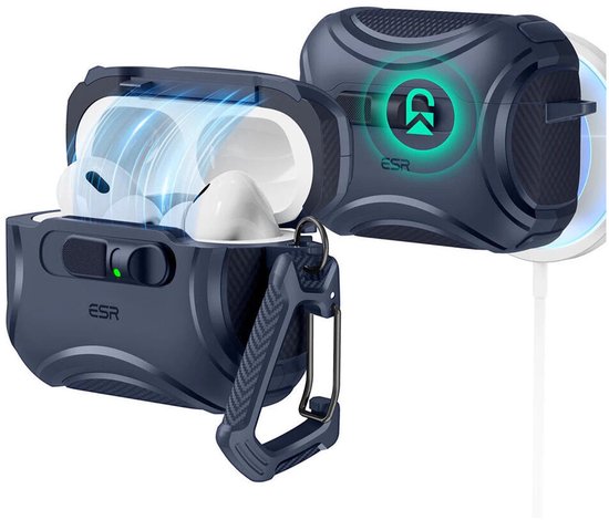ESR Hoesje Geschikt Voor AirPods Pro 3 (2025) - Cyber FlickLock Case - Compatibel met MagSafe - Karabijnhaak - Blauw