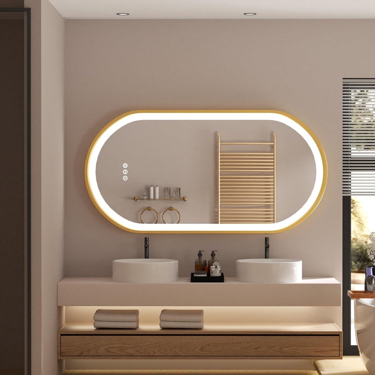 LUVODI badkamerspiegel met LED-licht - 500x1000mm ovale verlichte wandspiegel - aluminium-gouden frame - slimme aanraakschakelaar - geheugenfunctie - anticondens - 3 veranderbare verlichtingskleuren - IP56
