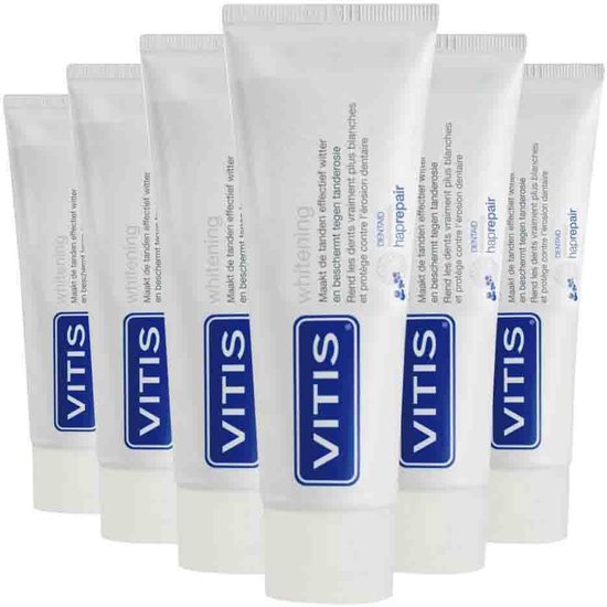 Zes Vitis whitening tandpasta tubes, staand naast elkaar.