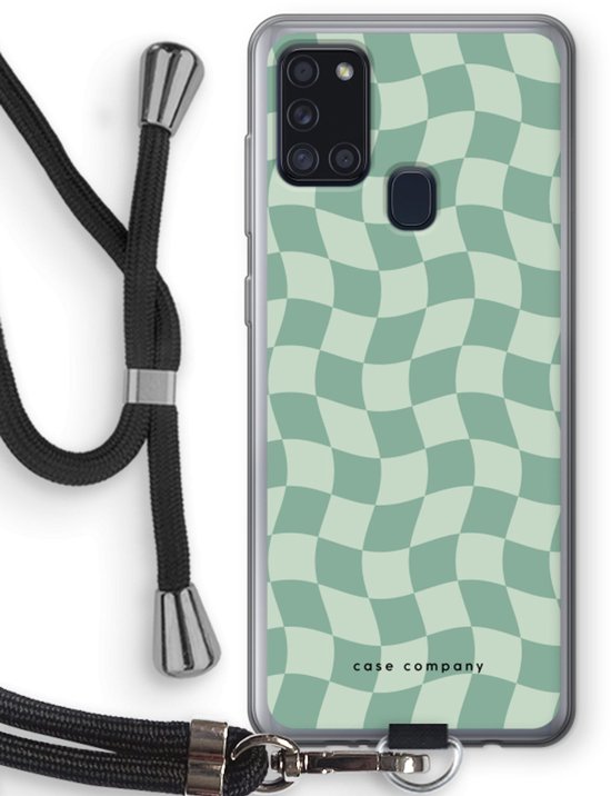 Samsung Galaxy A21s telefoonhoesje met groen geruit patroon en zwart koord.