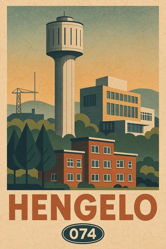 Hengelo Poster - Steden Posters - Nederland - Tekst - Watertoren - Wanddecoratie Woonkamer - 180 gram papier - S6671WV - Formaat 50 x 70cm