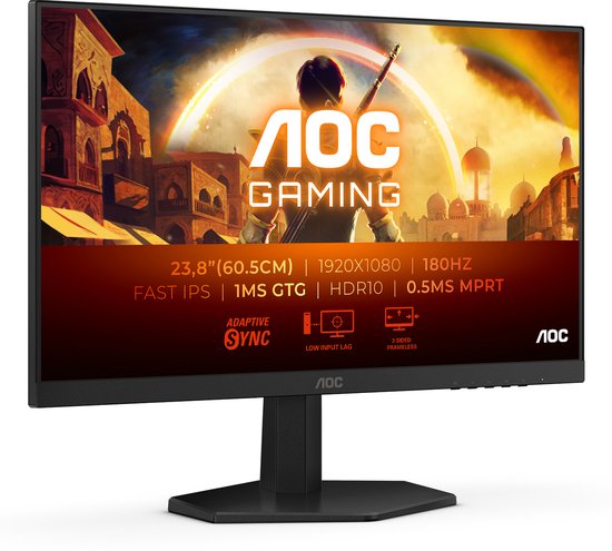 Zwarte AOC 23,8" gaming monitor met 180Hz, 1ms, HDR10, Adaptive Sync, Low Input Lag en 3-zijdige randloze display.