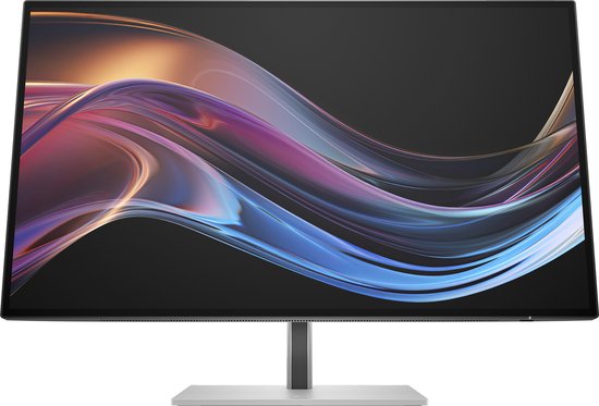 Vooraanzicht van een 27-inch 4K monitor met een kleurrijk, golvend abstract patroon.