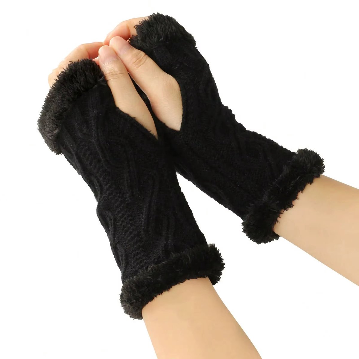 Halve Vingerhandschoenen Dames – Zachte Warme Pluche Gebreide Vingerloze Handschoenen – Luxe Effen Kleur Fuzzy Winterhandschoenen voor Fietsen Wandelen Outdoor en Smartphone Gebruik Zwart