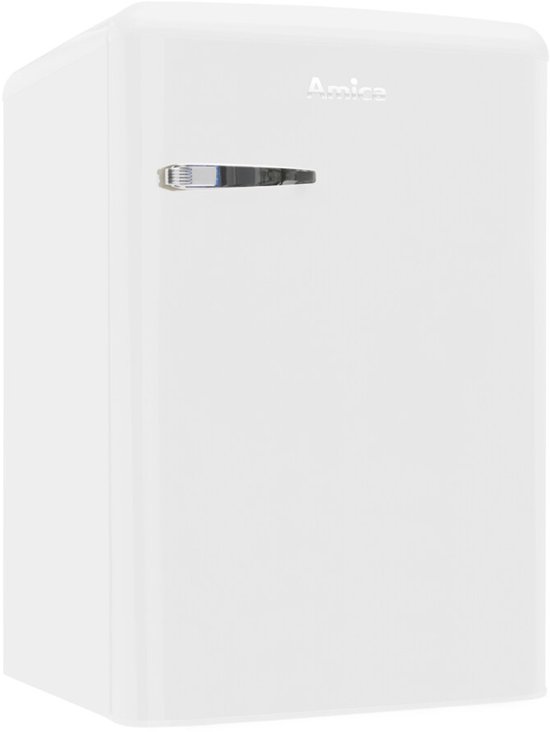 Witte Amica tafelmodel koelkast met zilveren handvat.