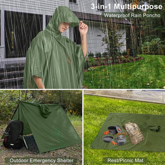 Man met groene regenponcho die een tent opzet. Close-ups van het product als schuilplaats en picknickmat.